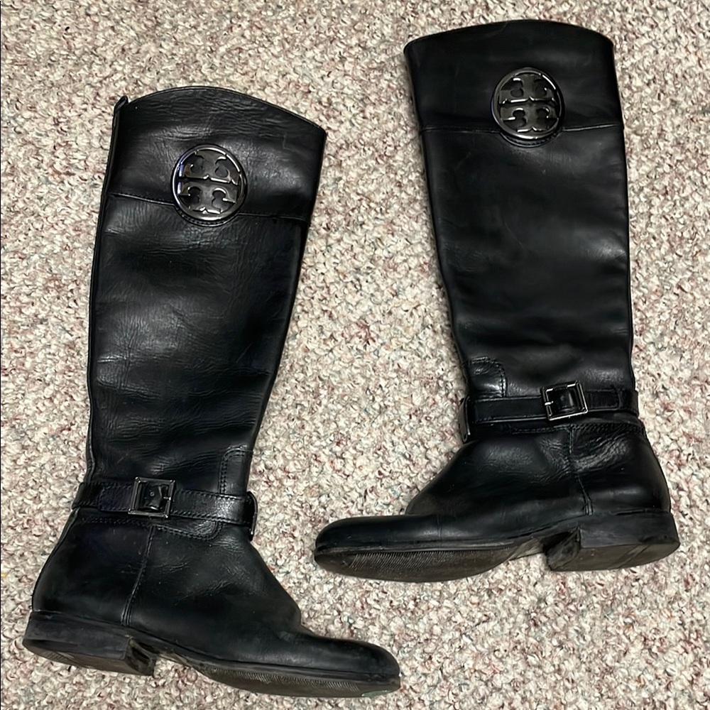 Tory Burch Black Leather logo Riding Boots